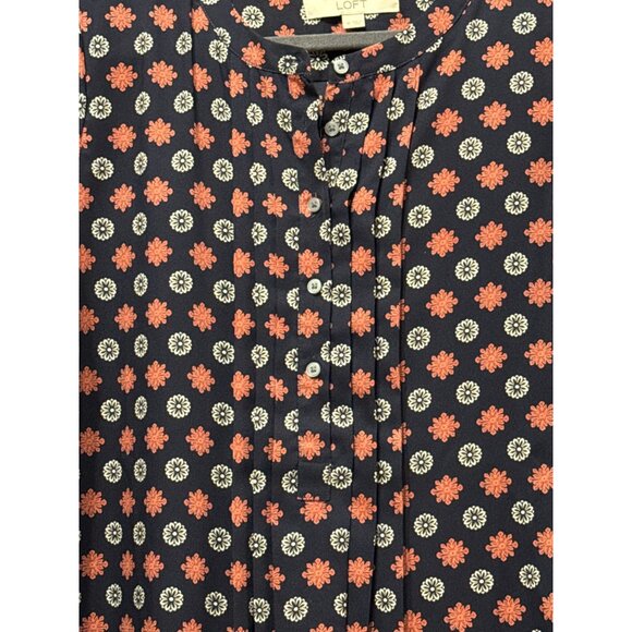 Loft Floral Print Long-Sleeve Button-Down Tunic Dress Navy/Coral Size M - Picture 2 of 8